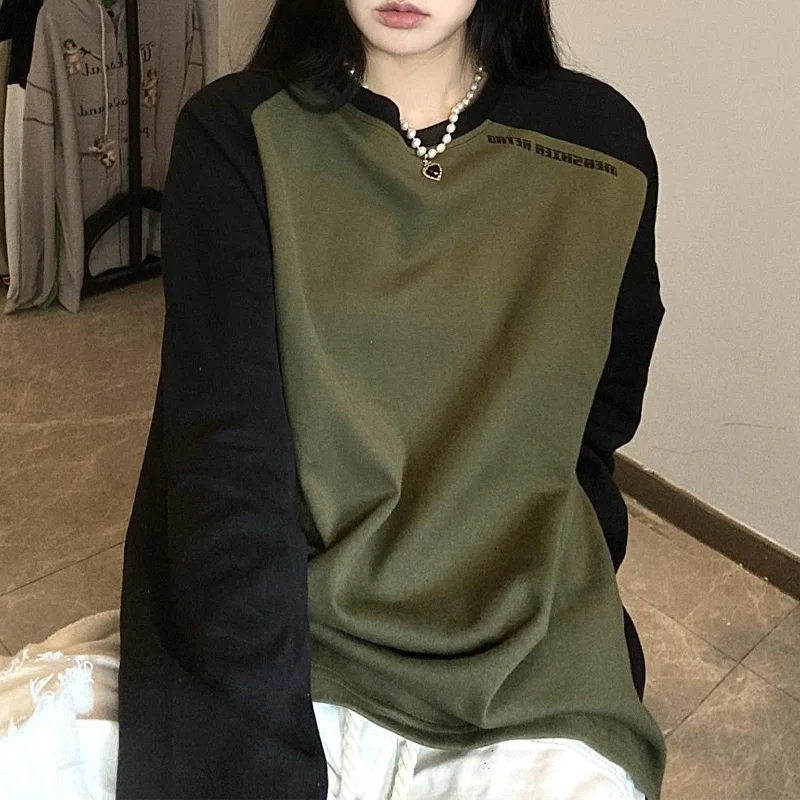 2023 Spring and Autumn Niche Raglan Long Sleeved Contrasting Round Neck Loose Fitting Casual Oversize Fashion Versatile T-shirt