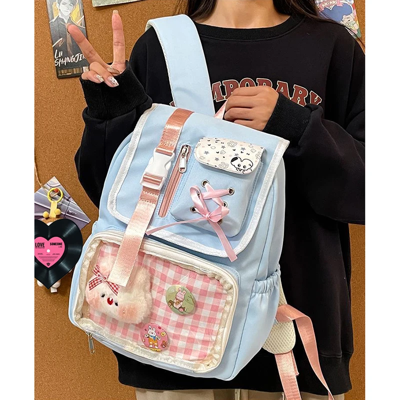 Richme Dopamine Ita Bag Female 2025 Harajuku Students Multi Pockets Mochilas Para Mujer DIY Anime Badge Cross Ribbon Backpack