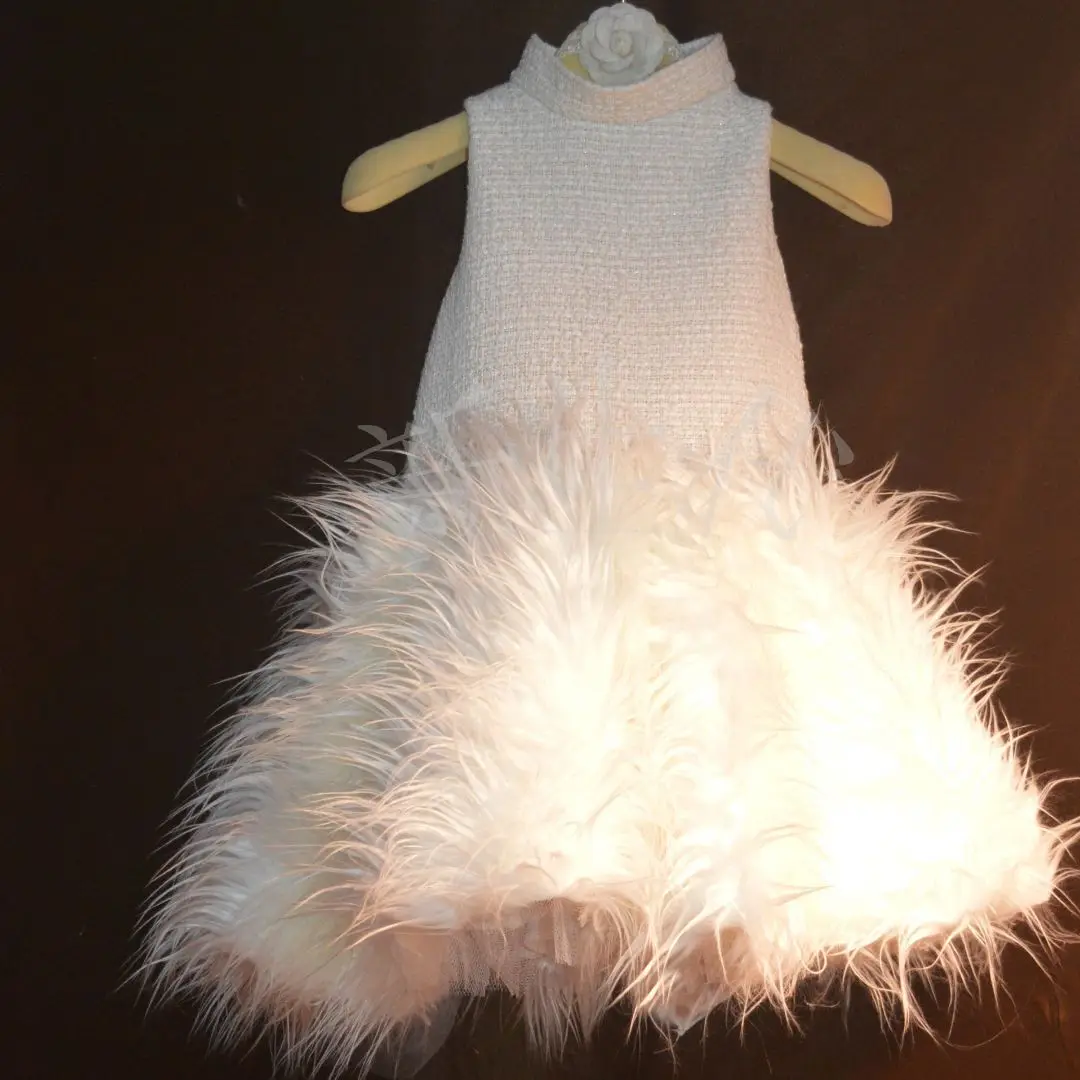 Baby Lace Dress Handmade Eid fur feather dress  Princess Puffy Maxi Sequined woolen Dress Girl Tulle Costumes Wedding Birthday