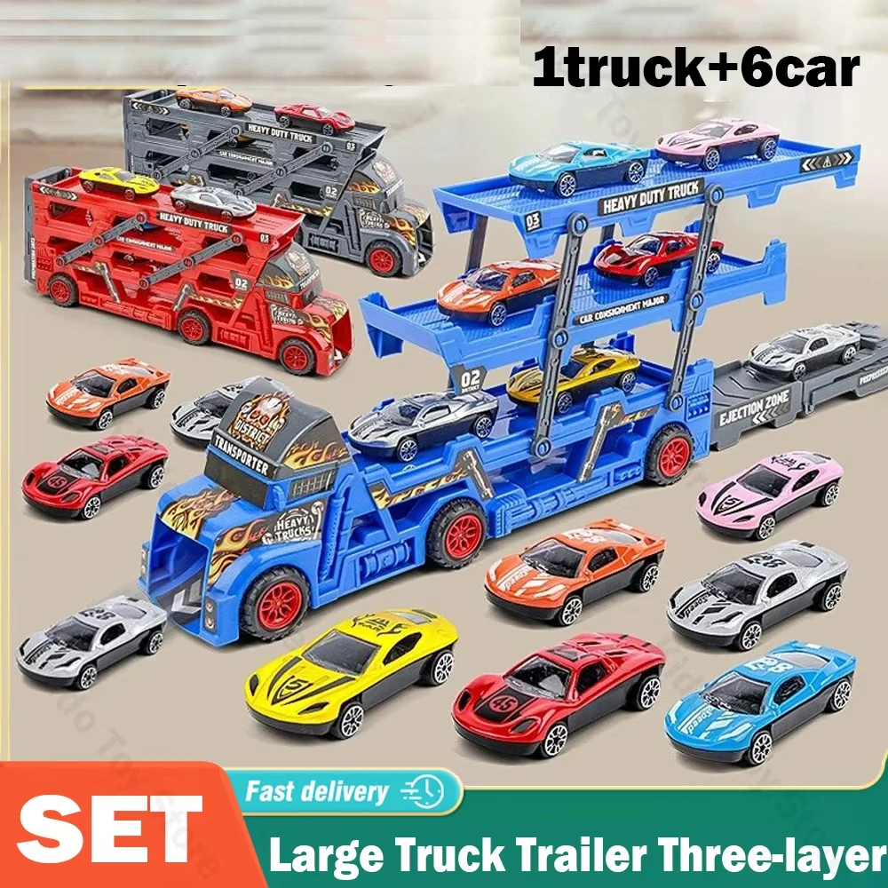 Modelo de carro de transporte grande caminhão reboque 3 camadas dobrável ejeção vagão catapulta ferroviário caminhão carro brinquedos para crianças natal