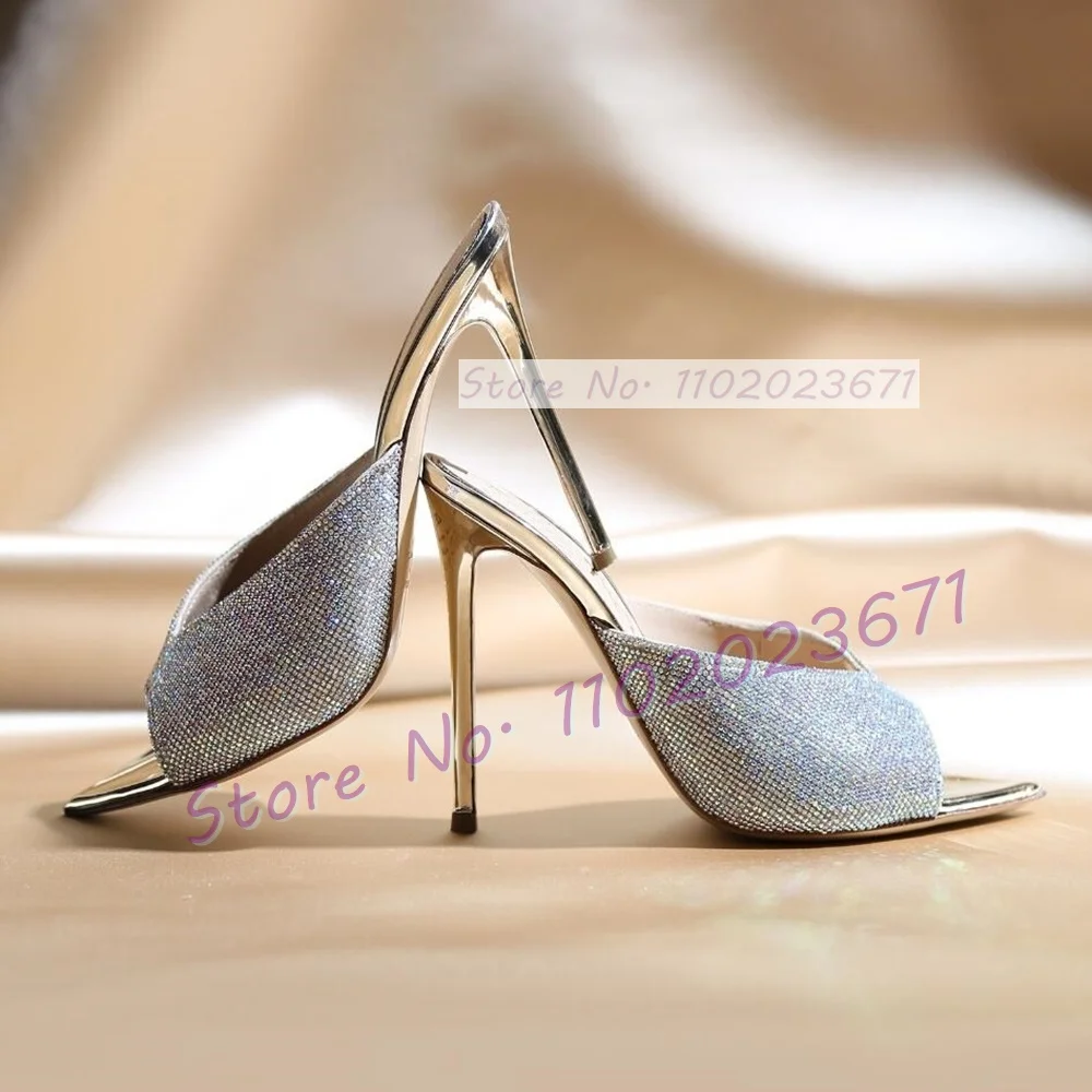 Sparkly Crystal Gold Pointed Toe Mules Woman Mirrored Leather High Heels Shoes Sexy Ladies Casual Outdoor Stiletto Slippers