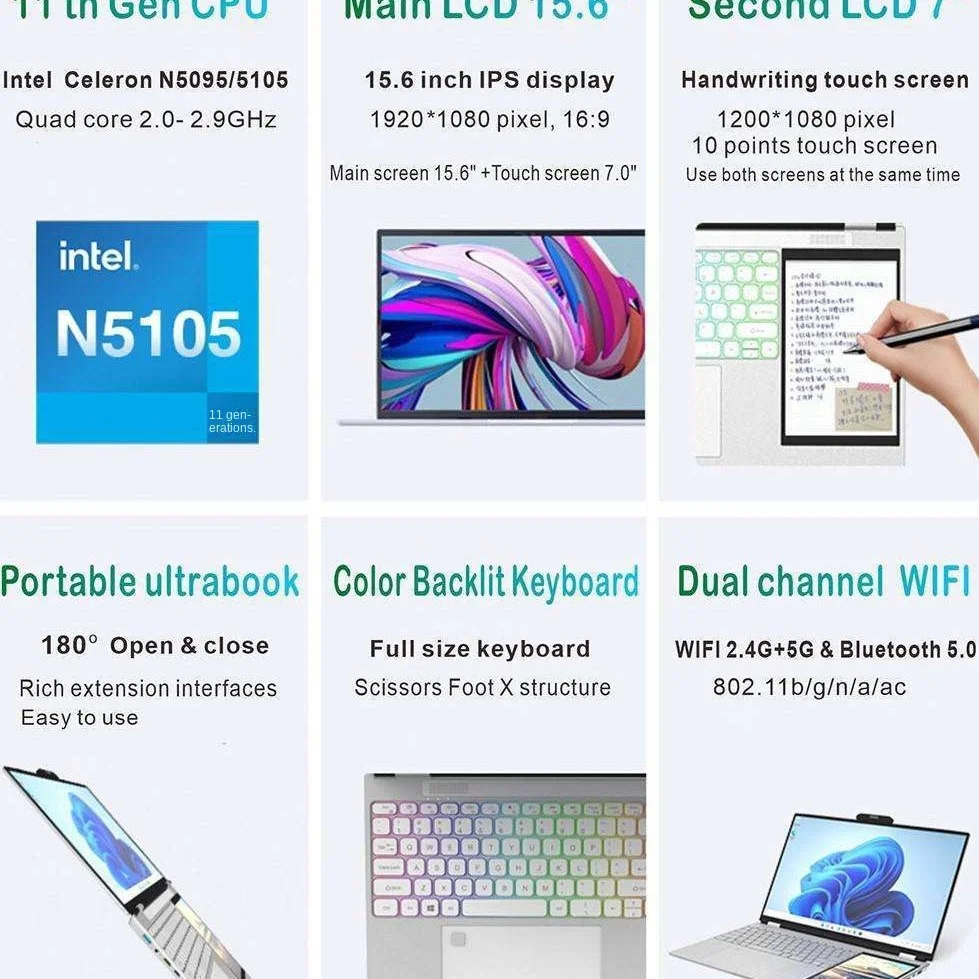 Tela dupla de 15,6 polegadas + 7 polegadas Touch SSD de 1 TB. Processador Celeron N100 128GB 256GB 512GB Opções Novo laptop comercial