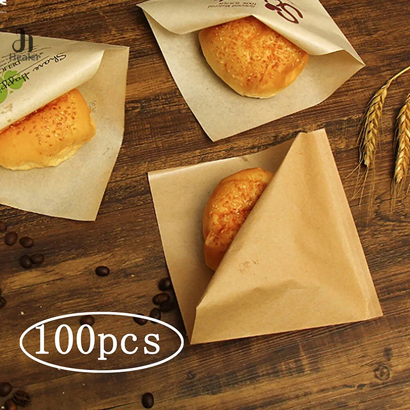 100pcs Triangle Shape Kraft Paper Packaging Sandwich Oilproof Doughnut Bread Hamburger Disposable Pouch Kitchen Party Restaurant