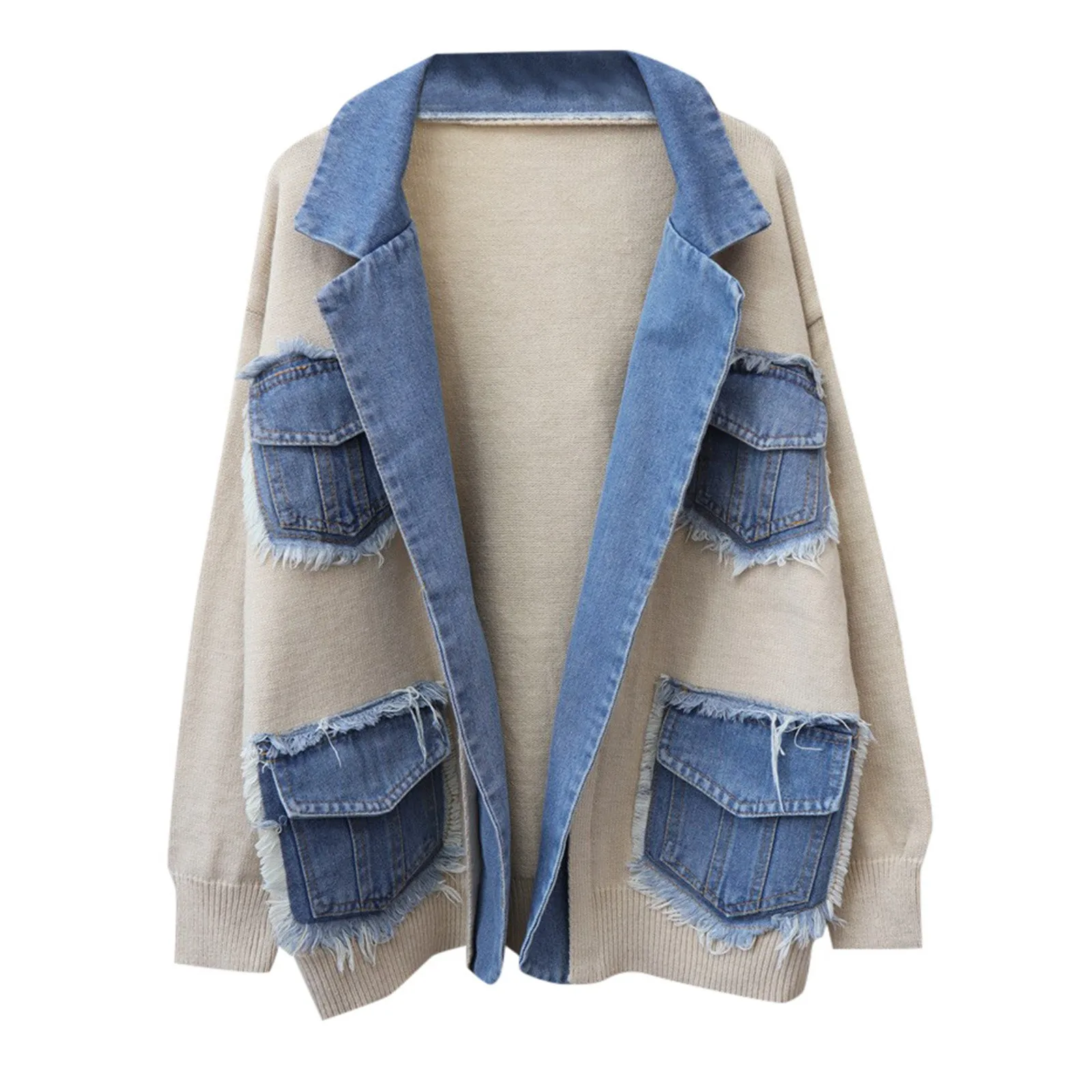 Lapel Solid Pockets Knit Patchwork Denim Jacket Female Casual Long Sleeve Thicken Cardigan Jumpers Coat Autumn Winter Outwear