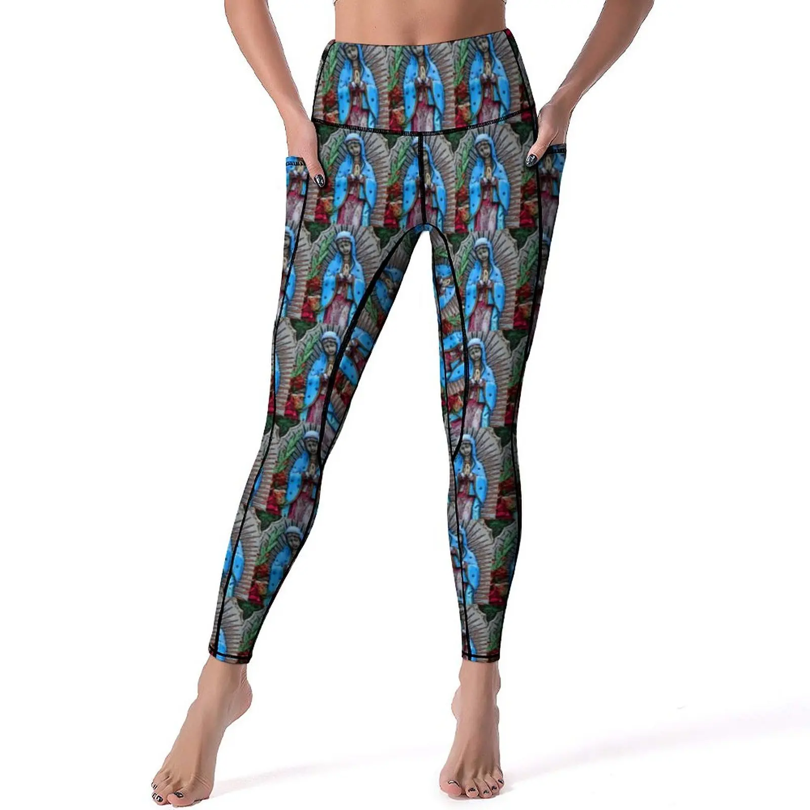 

Virgin Mary Leggings Sexy Folk Art Print Fitness Yoga Pants High Waist Stretchy Sports Tights Pockets Novelty Design Leggins