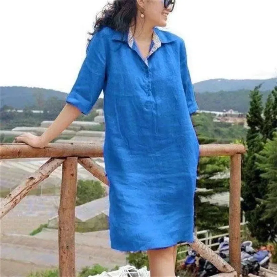 New 2024 Women\'s Casual Shirt Long Dress Oversized Lapel V-neck Buttons Neckline Half Sleeve Solid Dress Female Vestidos S-5XL