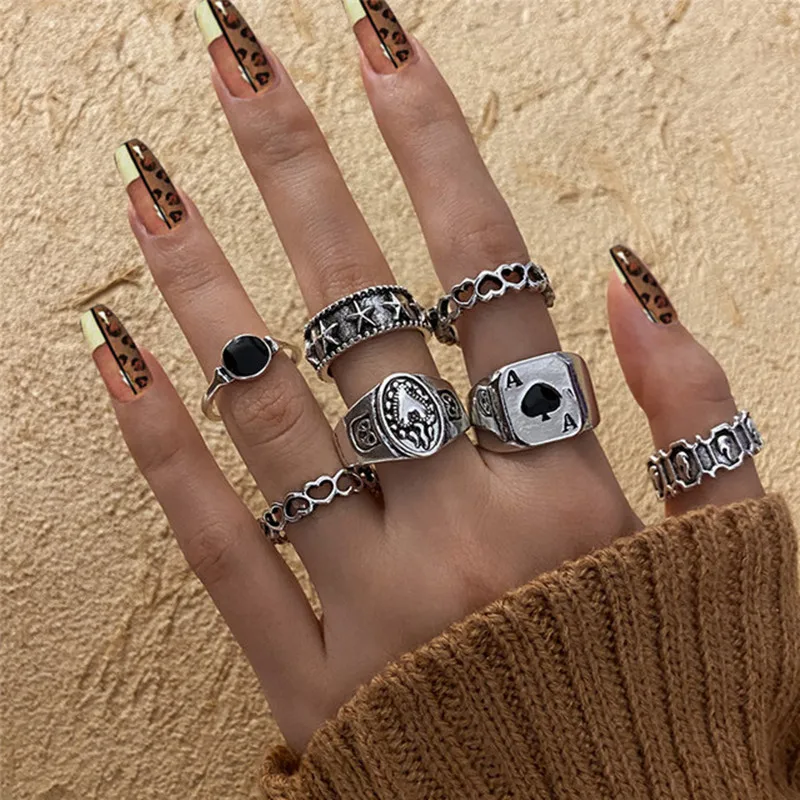 Vintage Silver Color Skull Heart Rings Set For Women Men Gothic Chain Retro Rings 2021 Trend Fashion Jewelry