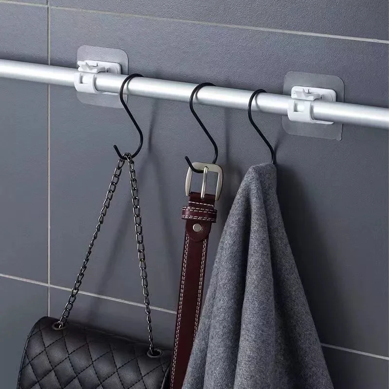 2 Pcs Self Adhesive Rail Hooks Nail-free Curtain Clamp Rods Clips Hook Adjustable Hanging Stick Rack Holder