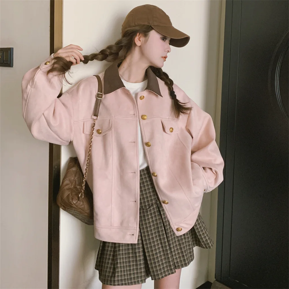 

Women's Jacket 2026 Spring Autumn Winter Pink Suede Baseball Jacket Sweet Preppy Style Petite Casual Workwear Coat