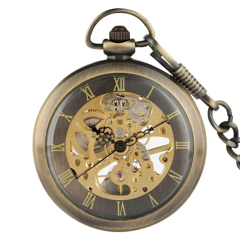 Bronze Antique Style Men Women Mechanical Hand Winding Skeleton Pocket Watch Roman Number Fob Chain Clock Relogio De Bolso