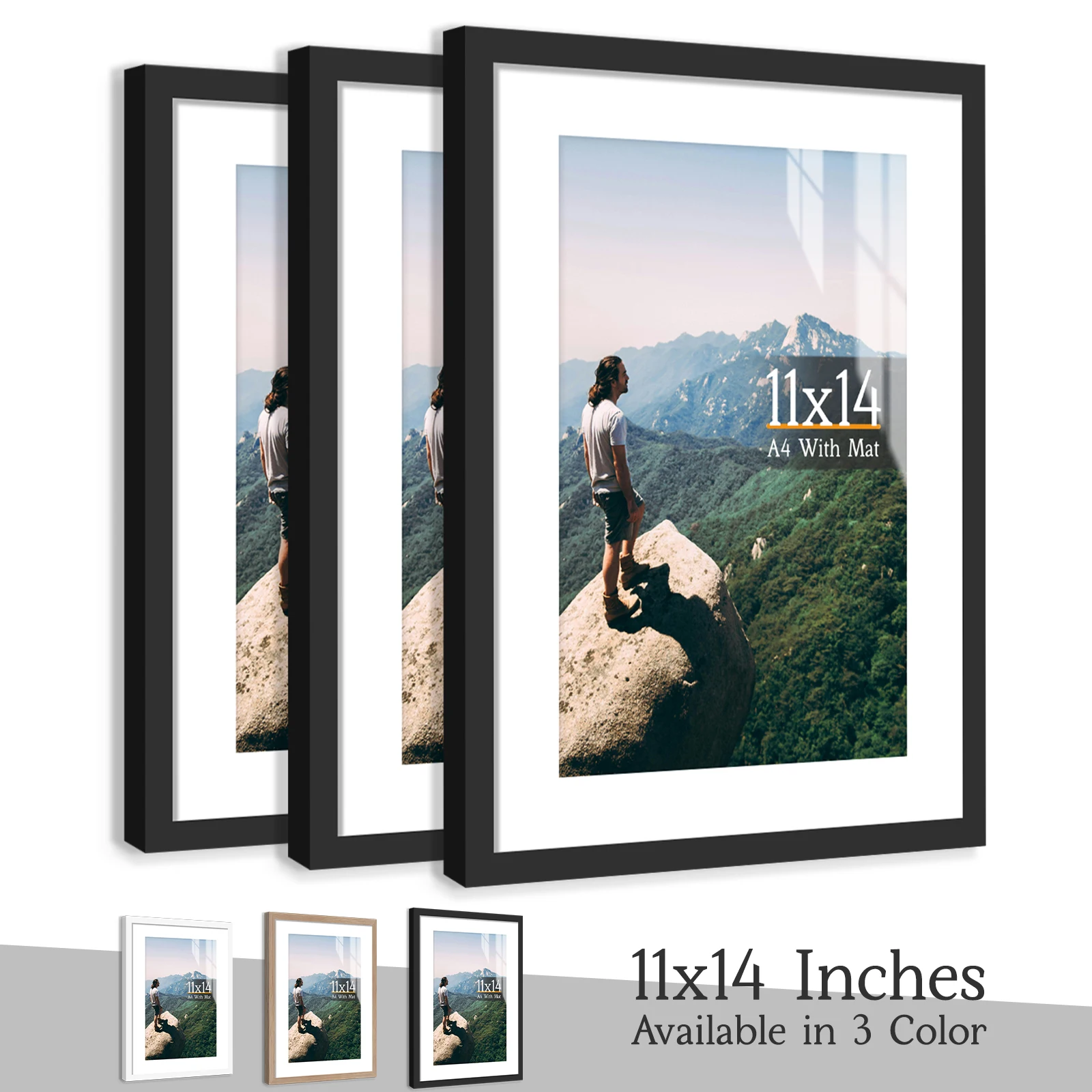 3pcs 11x14 Picture Frames Boxed Set, Display Pictures A4-Size With Mat or 11x14 Without Mat, Black/White/Burlywood Photo Frames