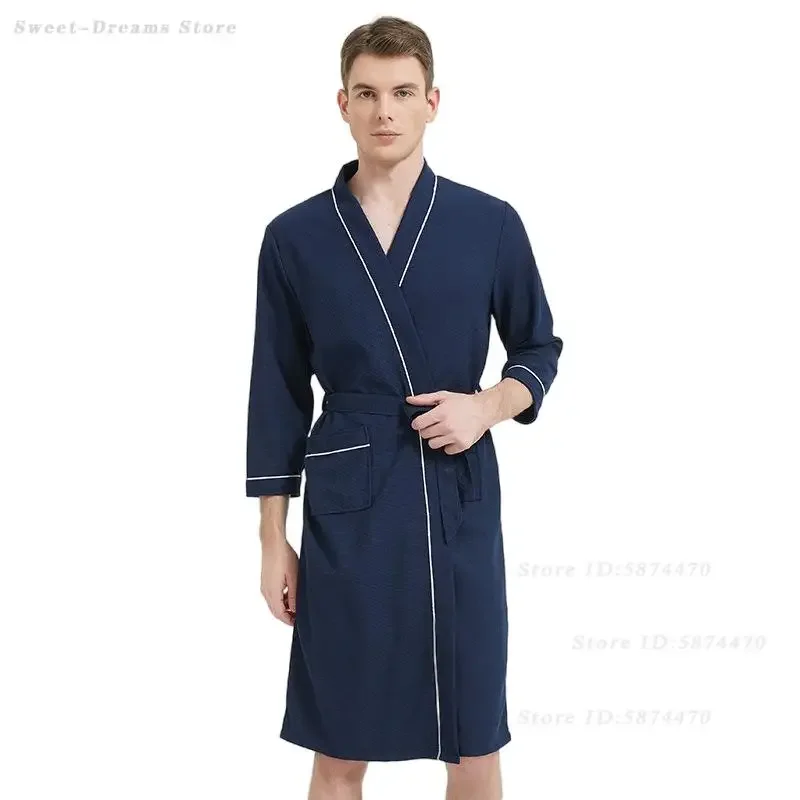 

Spring Summer Waffle Yukata Kimono Gown with Belt Men's Plus Size Bath Robe Homewear Loose Casual Sleepwear Male Night Wear
