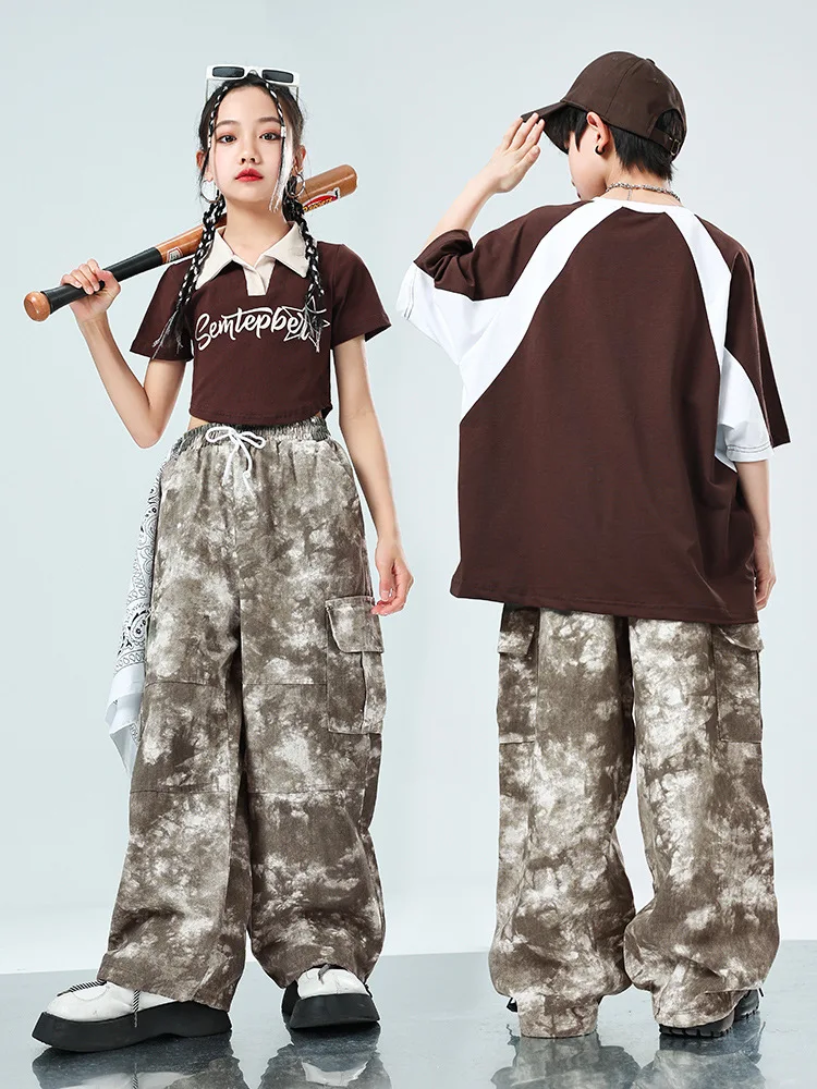 

Kid Hip Hop Clothing Coffee Crop Top T Shirt Khaki Camouflage Casual Cargo Baggy Pants for Girl Boy Jazz Dance Costume Clothes