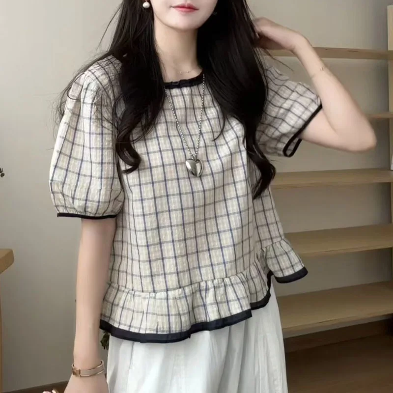 

Женская летняя клетчатая свободная рубашка с короткими рукавами и цветными блоками, милый топ с пузырьками, молодежный стиль, новинка с круглым воротником