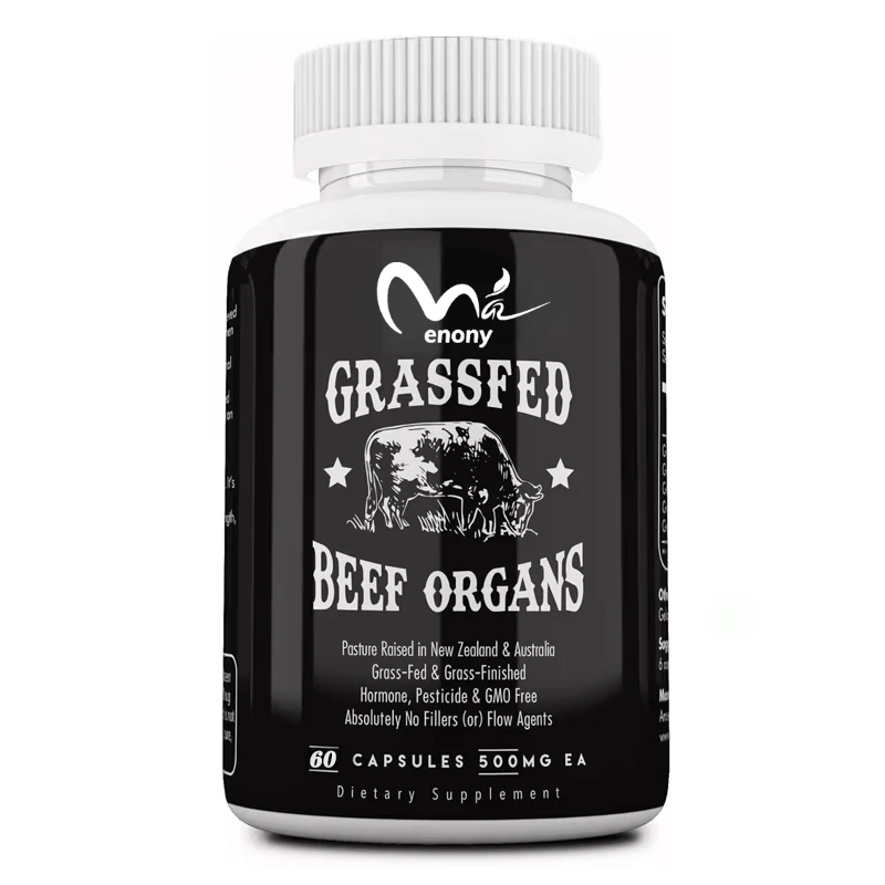 Suplemento de órgão de carne alimentado por grama, contendo fígado, coração, rim, pancreas, carne crocante e liofilizada, não OGM, 60 cápsulas