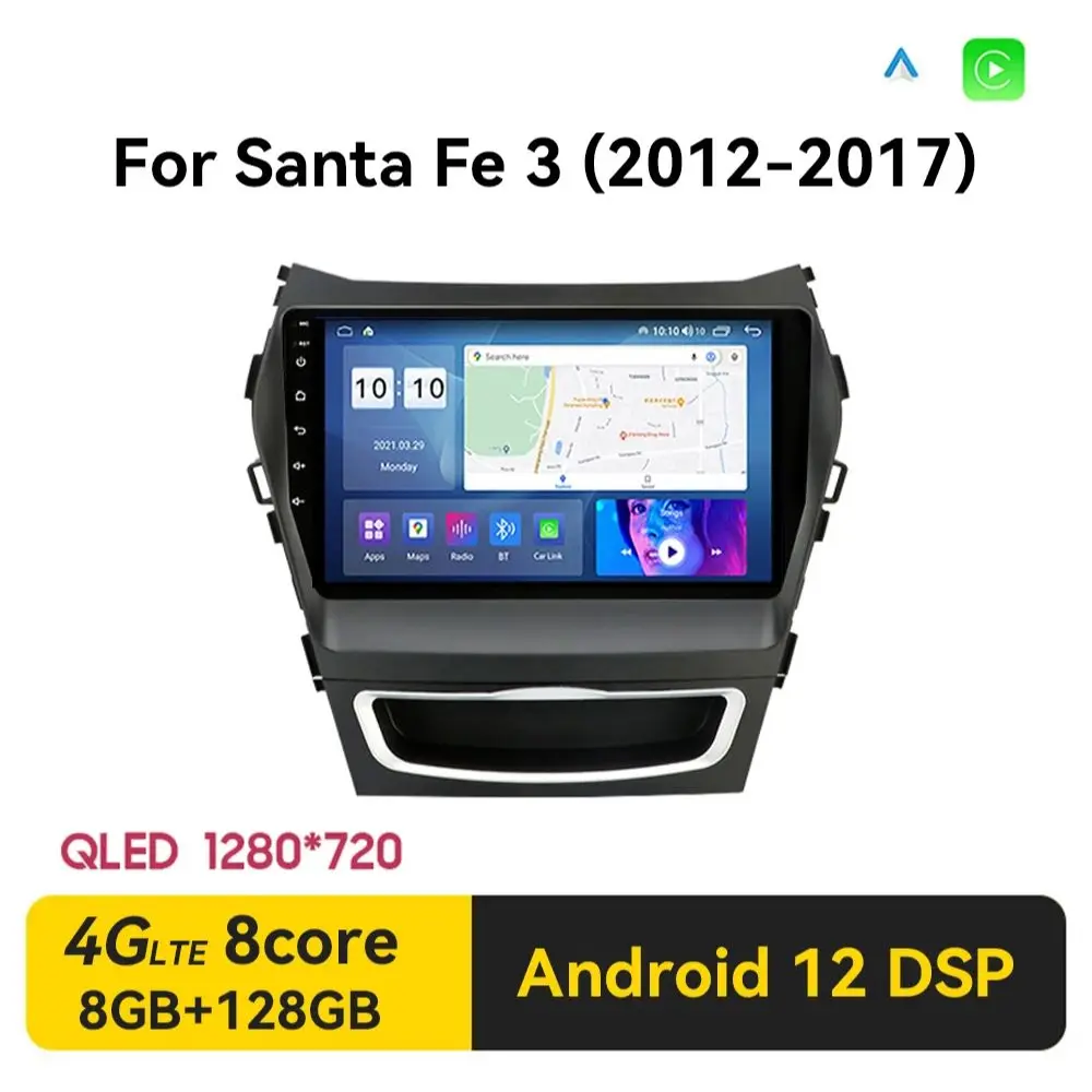 

9" 2 Din IPS Android 12 Car Radio for Hyundai Santa Fe 3 2013-2017 RDS DSP Auto Audio Navigation GPS Navi Head Unit Carplay