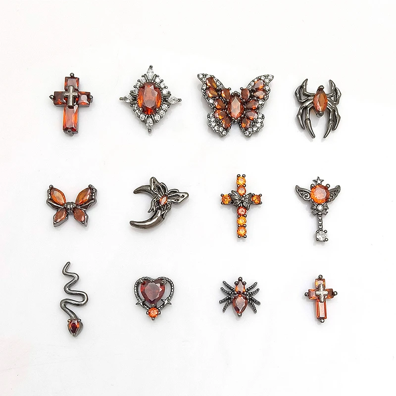 เครื่องประดับตกแต่งเล็บฮาโลวีนแบบเซอร์โคเนียม 2 ชิ้น สไตล์ดาร์ก ลายแมงมุม/กางเขน เซอร์โคเนียมแบบเรโทร