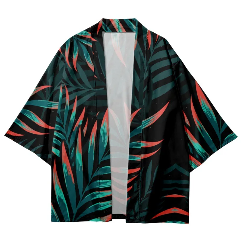 Traditional Japanese Kimono Cardigan Beach Shorts Summer Leaves Printed Streetwear Women Men Yukata Harajuku Haori Shirt