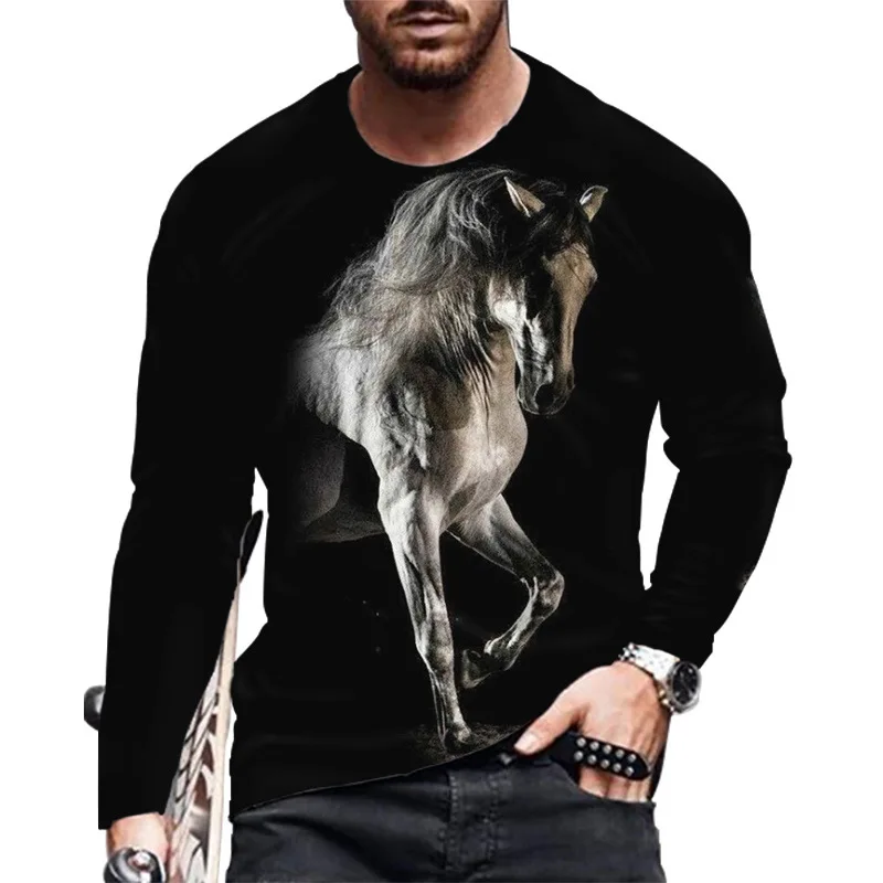 Animal Horse 3d Printing Men\'s Long Sleeve T-Shirt Fashion Street Trend O Collar Loose Comfortable Clothing Casual Quality Top