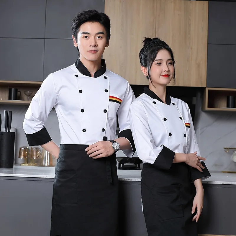

Three-stripe chef uniform, long-sleeved, autumn and winter wear, hotel kitchen, restaurant, catering, hot pot restaurant chef cl