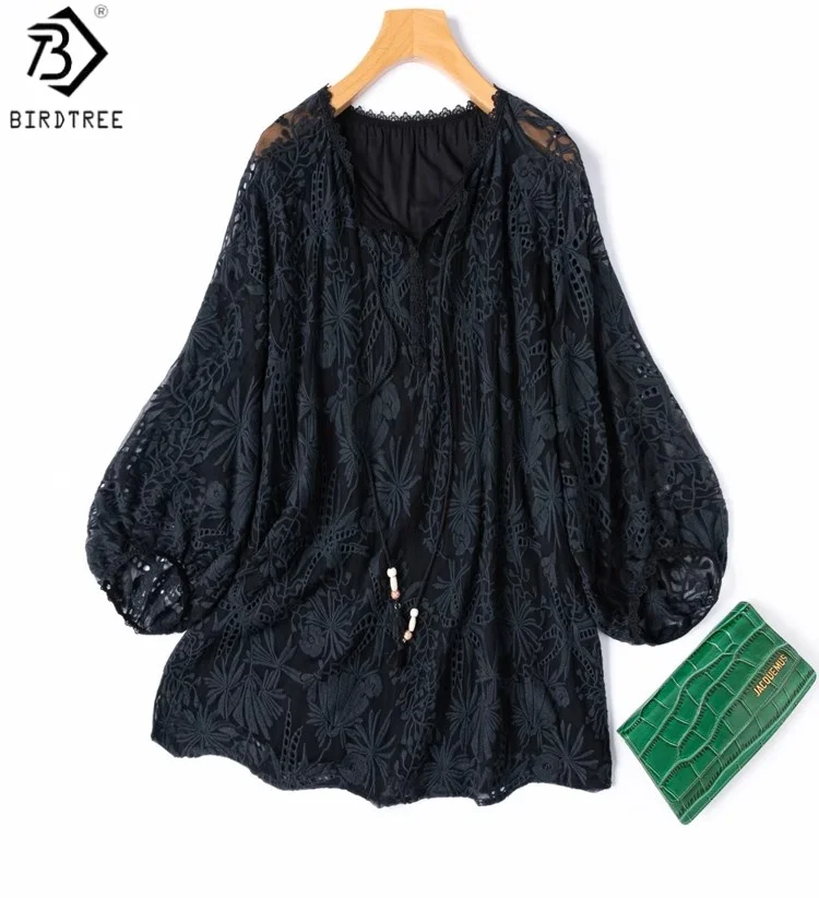 

Birdtree 100% Mulberry Silk Embroidery Shirt,Women Qiaoqi Double-layer Long Sleeve V-neck Black Color Blouse ,2025 New T57008JF
