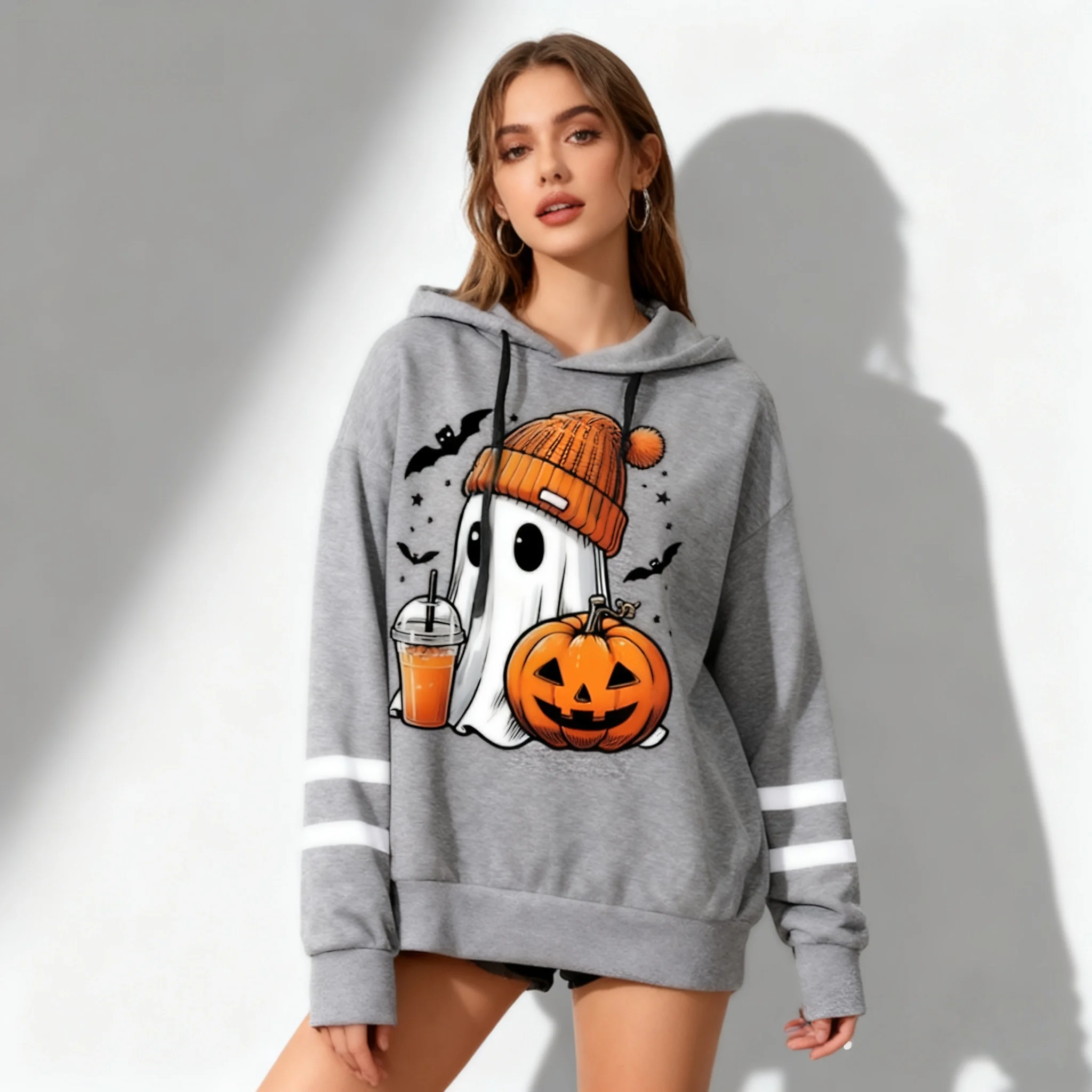 

Новая толстовка Y2K, милый Хэллоуин, призрак, тыква, летучая мышь, принт, женский пуловер, жуткий сезон, стиль ужасов, уличная одежда с длинными рукавами и капюшоном