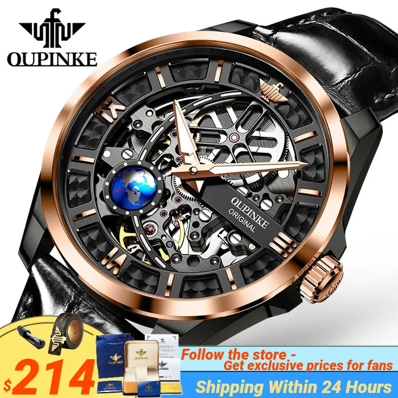 OUPINKE 3268 High-end Automatic Mechanical Men's Watches Fully Hollow out Leather Strap 3D Rotation Earth Men Wristwatches