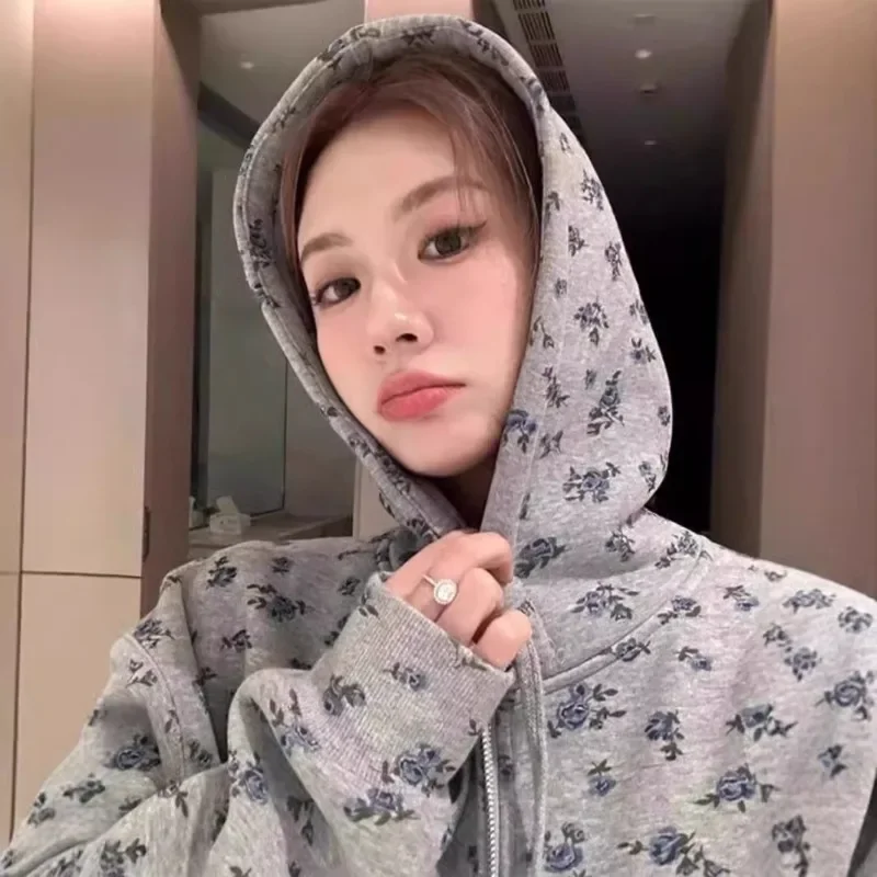 Light Gray Floral Print Hoodie Women Spring Autumn Loose Casual Drawstring Design Top Sweet Sle Pure Cotton Blend Zipper Closure