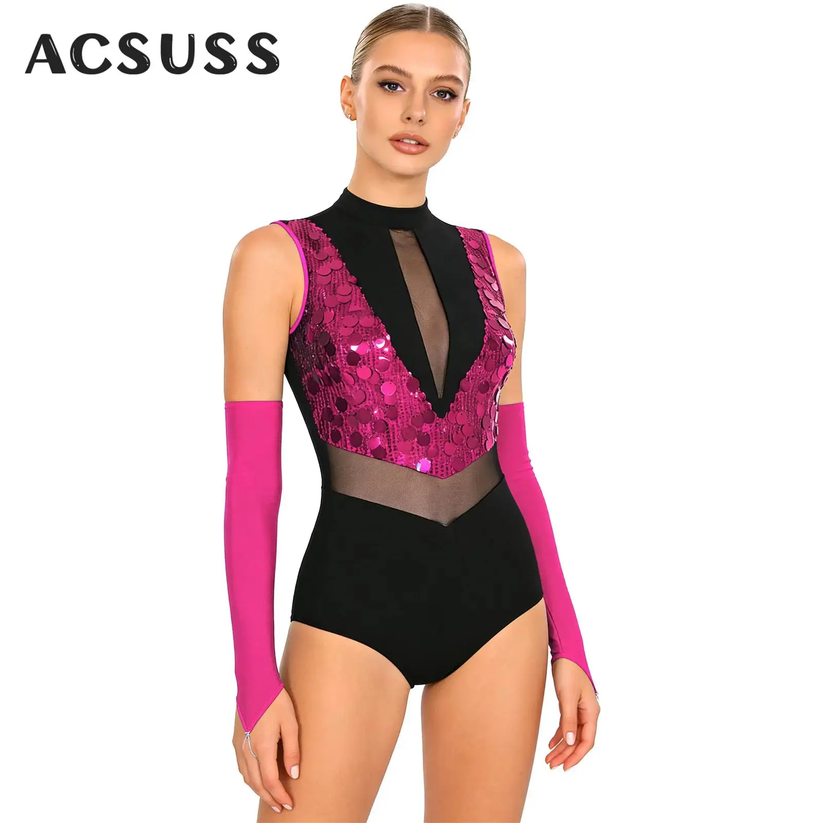 النساء الترتر الشكل التزلج اللاتينية الجاز ملابس رقص الجمباز أكمام بقماش شفاف الجمباز ارتداءها مع قفازات قاعة الرقص #1