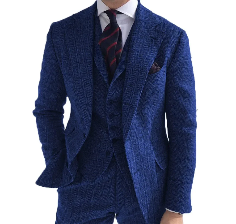 Gray Wool Tweed Men Suits For Winter Wedding Formal Groom Tuxedo 3 Piece Herringbone Male Fashion Set Jacket Vest with Pants