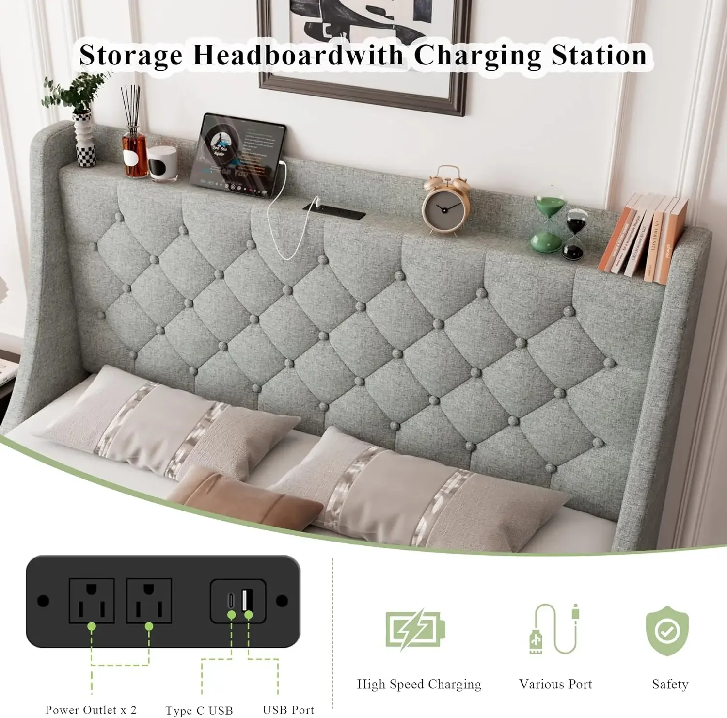 Queen Size Bed Frame with 4 Storage Drawers, Upholstered Storage Bed with Charging Station, Tufted Wingback Storage Headboard