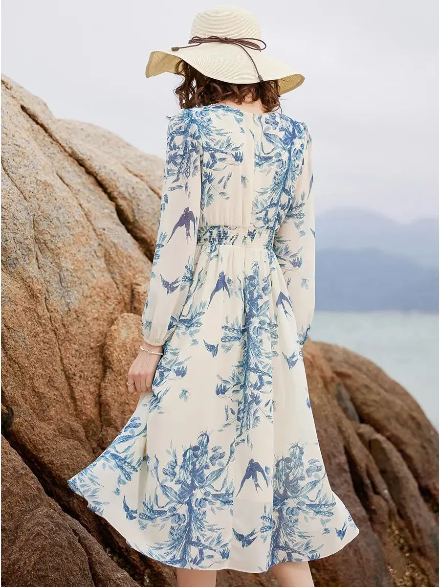 LOUIS YAO Women Dress Elegant V Neck Long Sleeve Print Summer Dress French Style High Waist A-line Slim Fit Long Dress