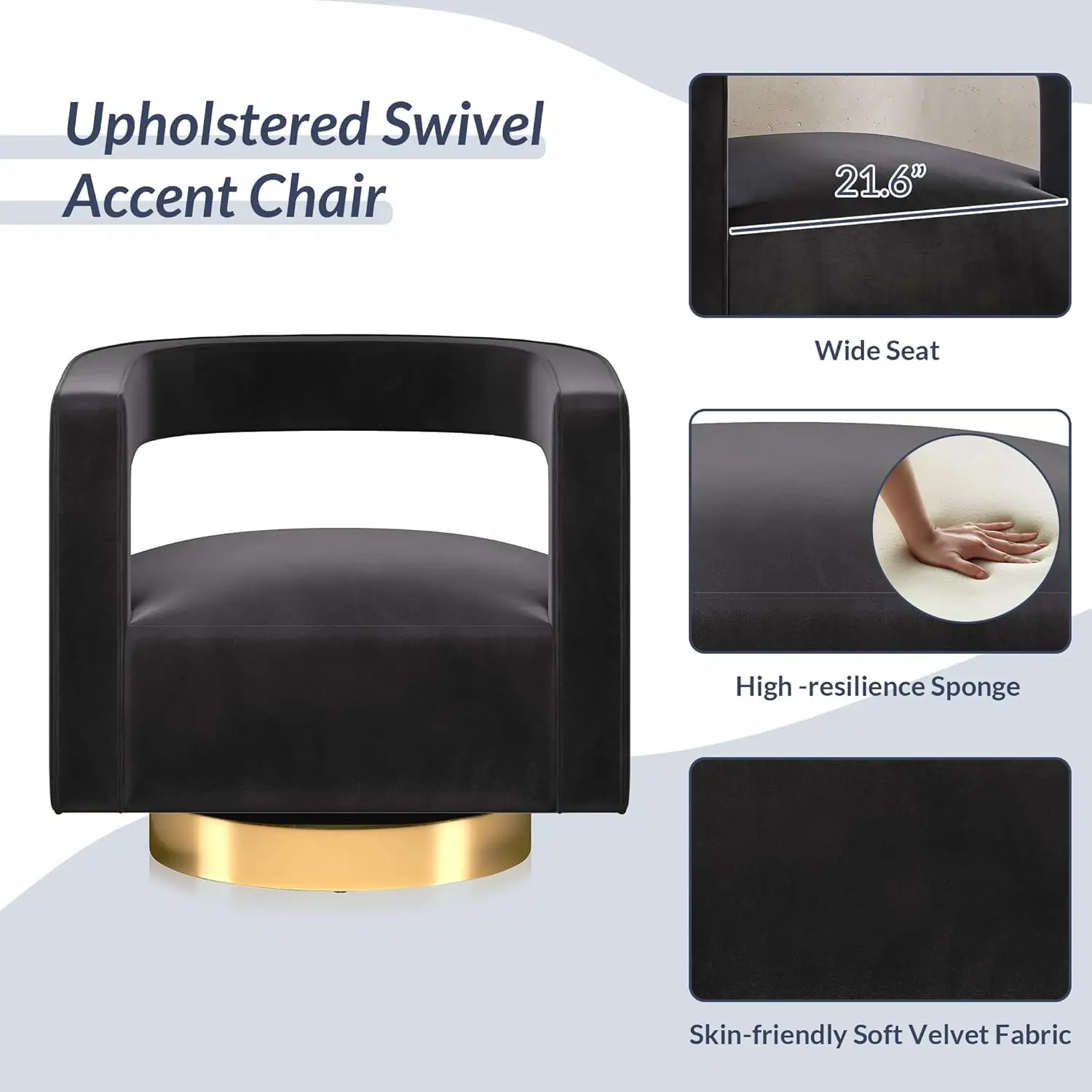 Swivel Barrel Accent Chair, Modern Velvet Armchair with Gold Base and Wood Frame, 360° Rotate, Black