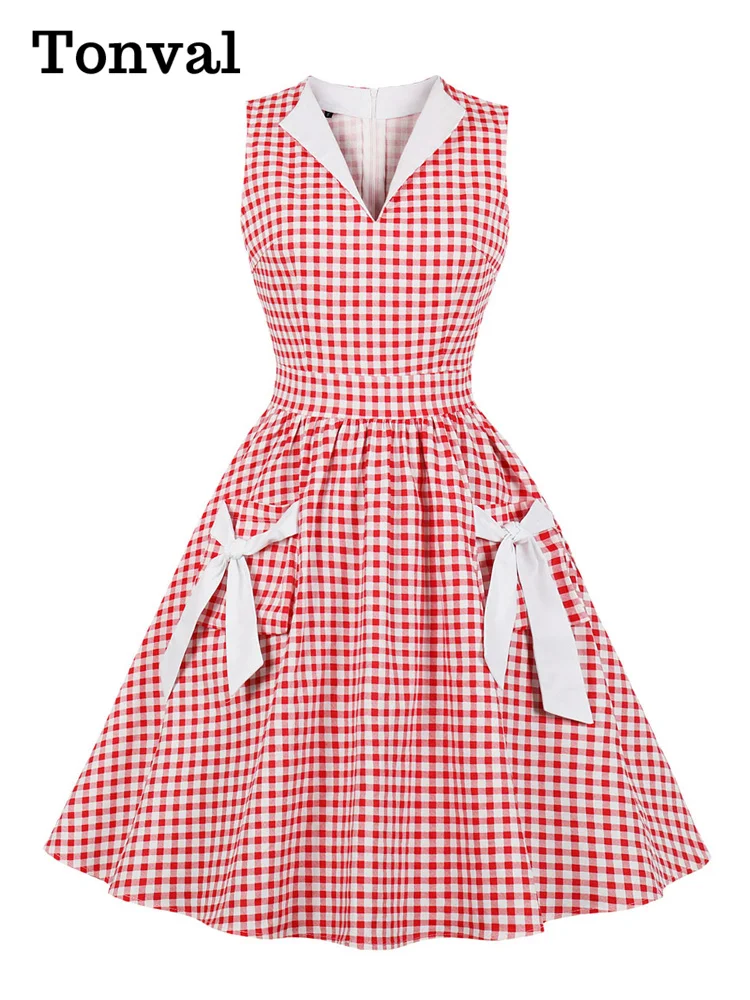 Tonval Turquoise and White Gingham Retro 50s Rockabilly Dress Women V-Neck Cotton Pleated Pockets Vintage Pinup Dresses