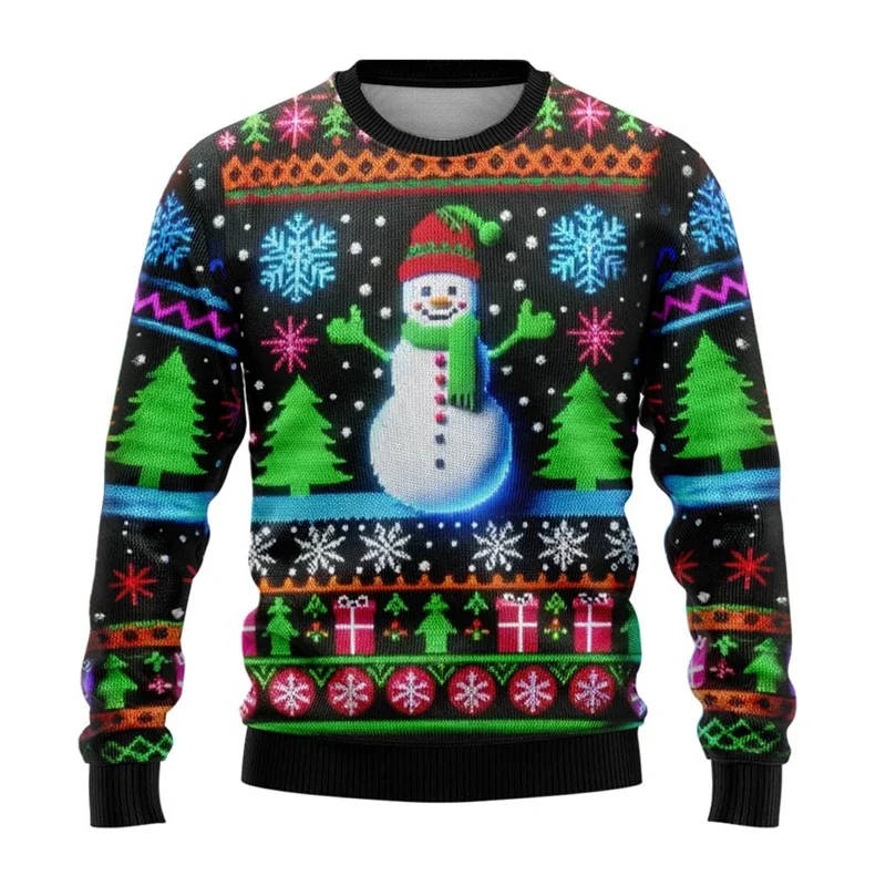 Neon boneco de neve gráfico sweatshirts 2024 feliz natal 3d impresso camisola feia para roupas femininas presentes floco de neve menino agasalho