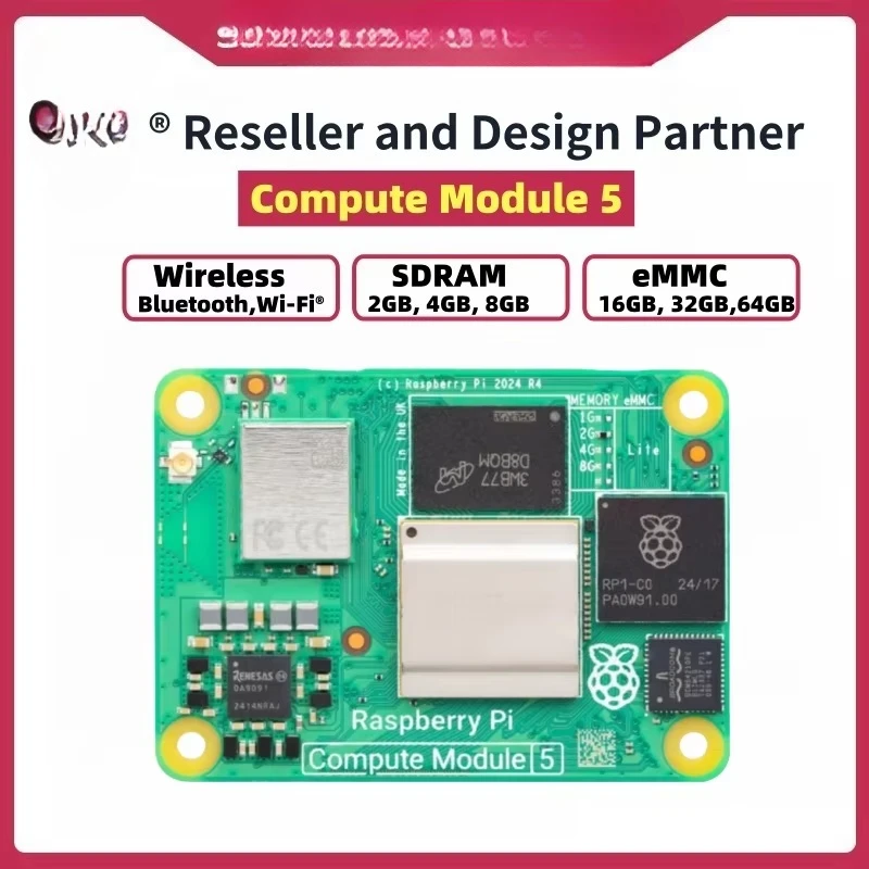 Official Pi Compute Module 5-4GB RAM, 32GB EMMC, 2.4/5 GHz Wi-fi Bluetooth 5.0 (CM5104032) Package Linux OS