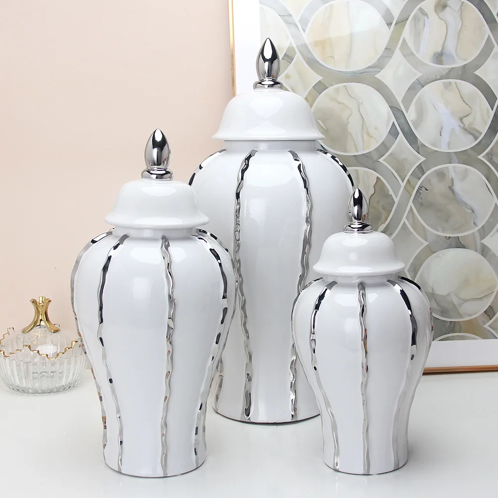 

Ceramic General Tank Silver Stripes with Raised Grain Porcelain Ginger Pot Flower Vase Home Arts and Crafts Decorations