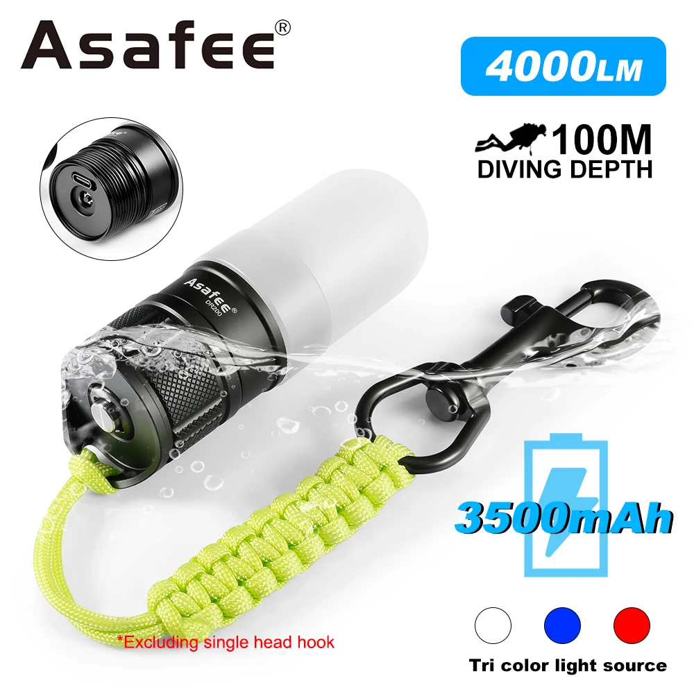Asafee DR200 4000LM Diving Signal Light White/Blue/Red Cave Diving Light Built-in Battery Waterproof 100m For Wreck Exploration