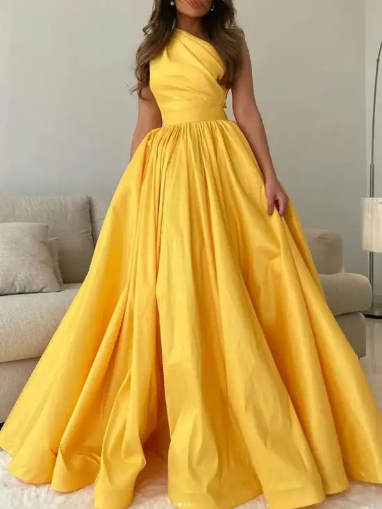 Vestidos de Noche largos de satén con un hombro plisado, línea A, longitud hasta el suelo, abertura frontal, fiesta Formal, vestidos de graduación, hechos A medida, amarillo