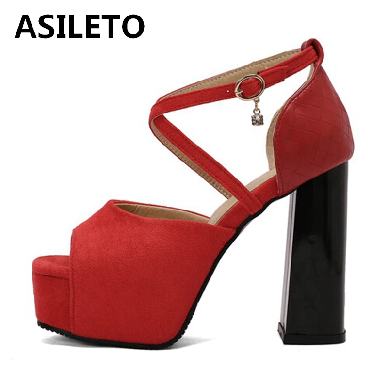 

ASILETO Elegant Open Toe Women Sandals 12cm Thick Block Heel 4cm Platform Buckles Cross Strap Big Size 48 49 50 Black Apricot