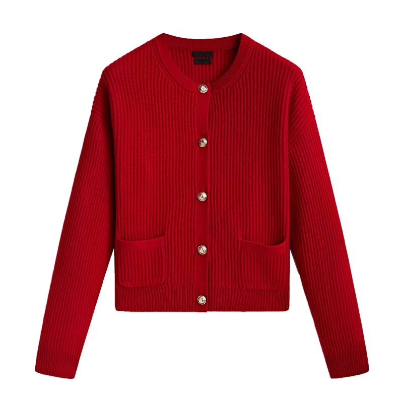 Pull tricoté rouge doux printemps nouveau Sle femmes Faion confortable Long Sve f haut rond Ne laine ort vêtements d'extérieur