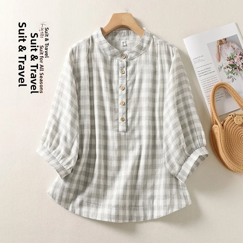 قميص قطني فضفاض للنساء بنقشة مربعات، نصف كم، ياقة عالية، قميص متعدد الاستخدامات للعمل، قميص قطني بنقشة جينغهام بأكمام سبعة أرباع #4