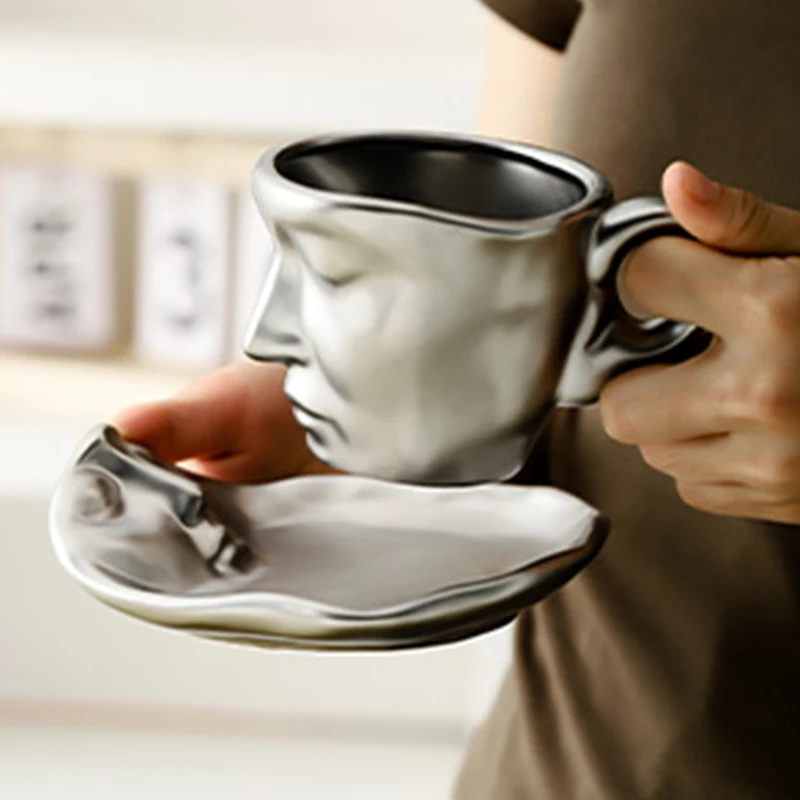 

Ceramic Coffee Cup Sets Sculpture Face Coffee Mug Kiss Lover Face Shaped Teacup 260ml Art Coffee Cup With Tray Tea Spoon Sets