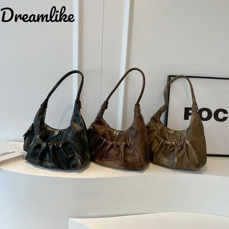 

Retro Leather Shoulder Bags for Women Pleated Y2K Spring Vintage Underarm Bag Handbags and Purses Latest Fashion Handbags