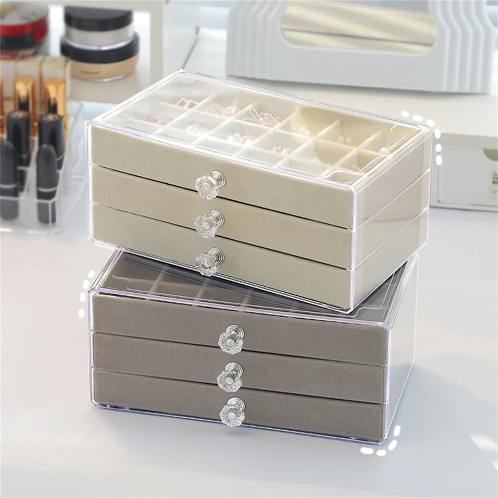 Transparent Visible Dustproof Jewellery Storage Box Three Drawer Plastic Ring Earring Case Moisture-proof Presentation Organizer