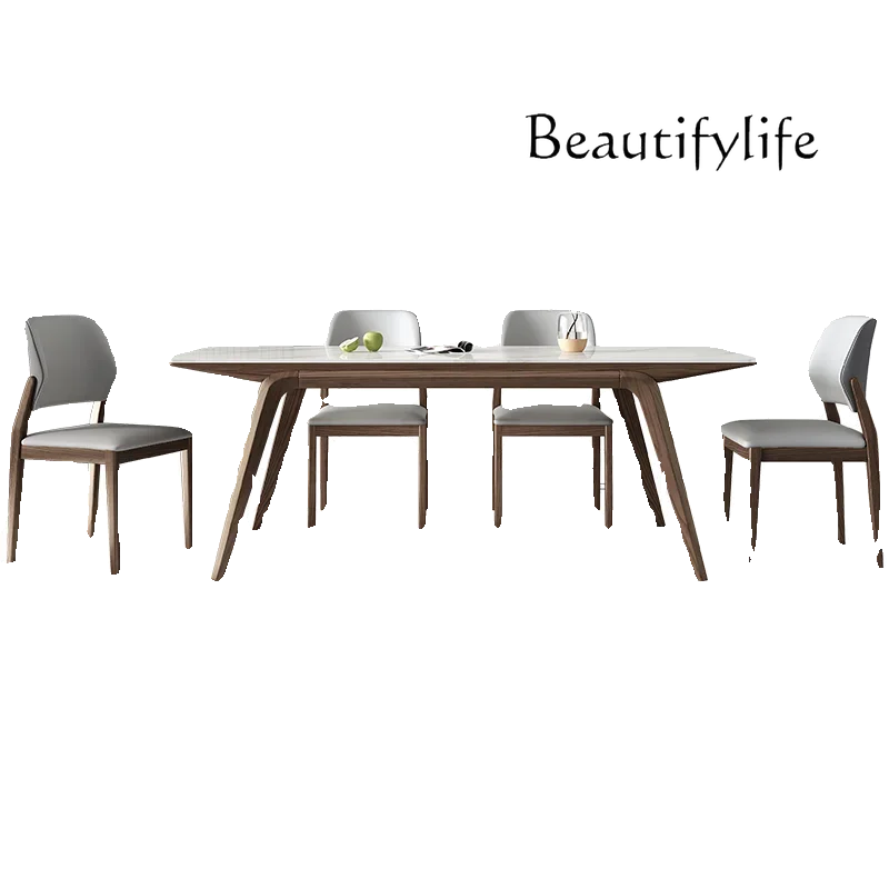 Solid wood rock slab dining table Modern simple walnut rectangular bright white rock slab dining table