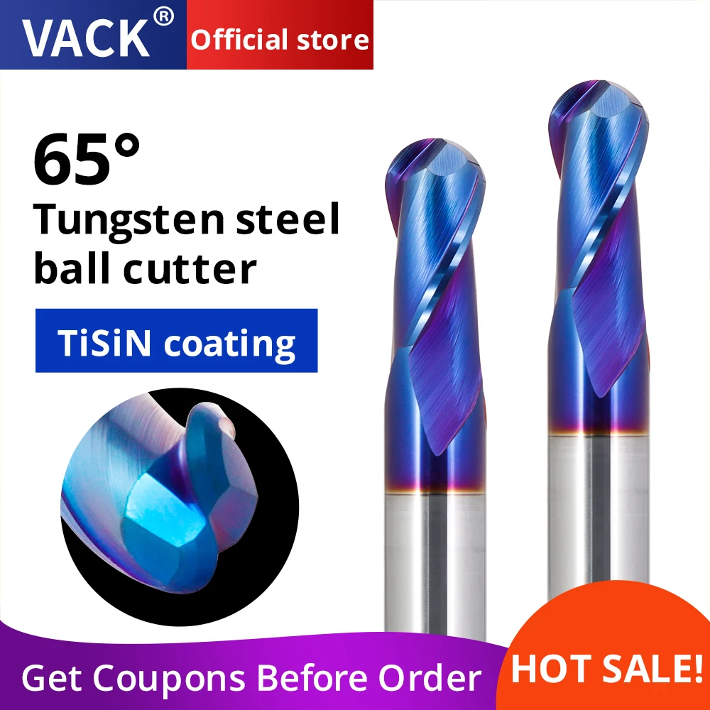 VACK HRC65 Carbide Ball Nose Ends Mill Tungsten Steel Milling Cutter 2Flutes Router Bit Endmills CNC Cutting Tools R0.5 R1 R2 R3