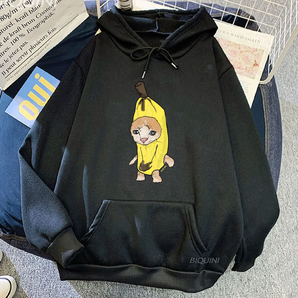 Banana Cat Cute Cartoon Plus Velluto Kanye Felpe da uomo in pile oversize con cappuccio Pullover unisex Abiti Harajuku