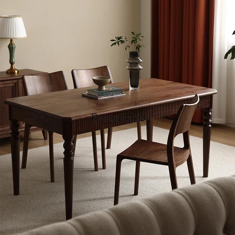 

12-*Full solid wood dining table American light retro black walnut rectangular table dining table