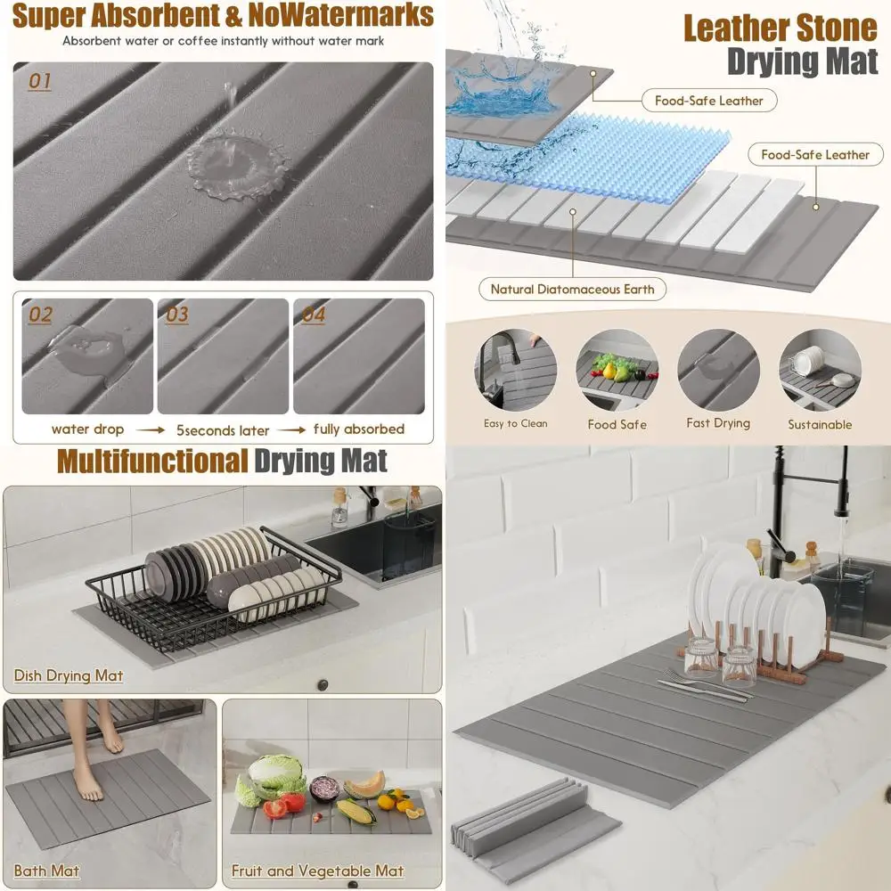 

Leather & Diatomaceous Earth Stone Dish Drying Mat, Heat Resistant, Super Absorbent, Foldable Kitchen Counter Mat, 24.8x15.7 Lig